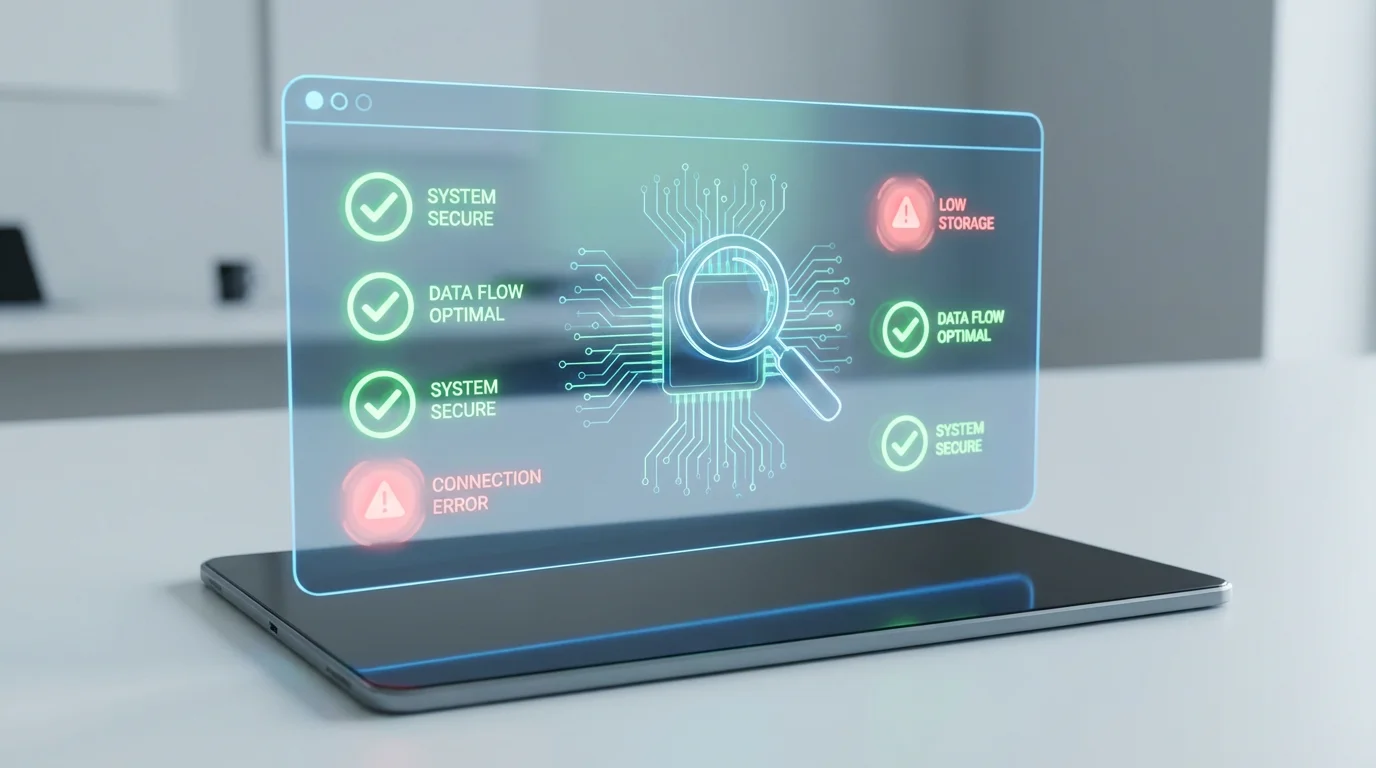 A digital 3D dashboard showing system health and diagnostic icons for a smart home setup.