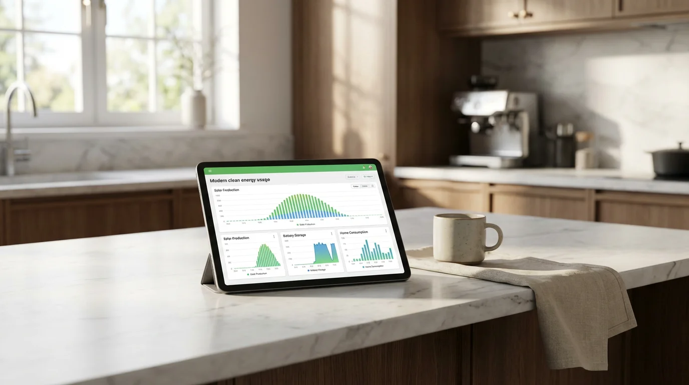 A digital tablet on a kitchen counter showing a comprehensive home energy dashboard.