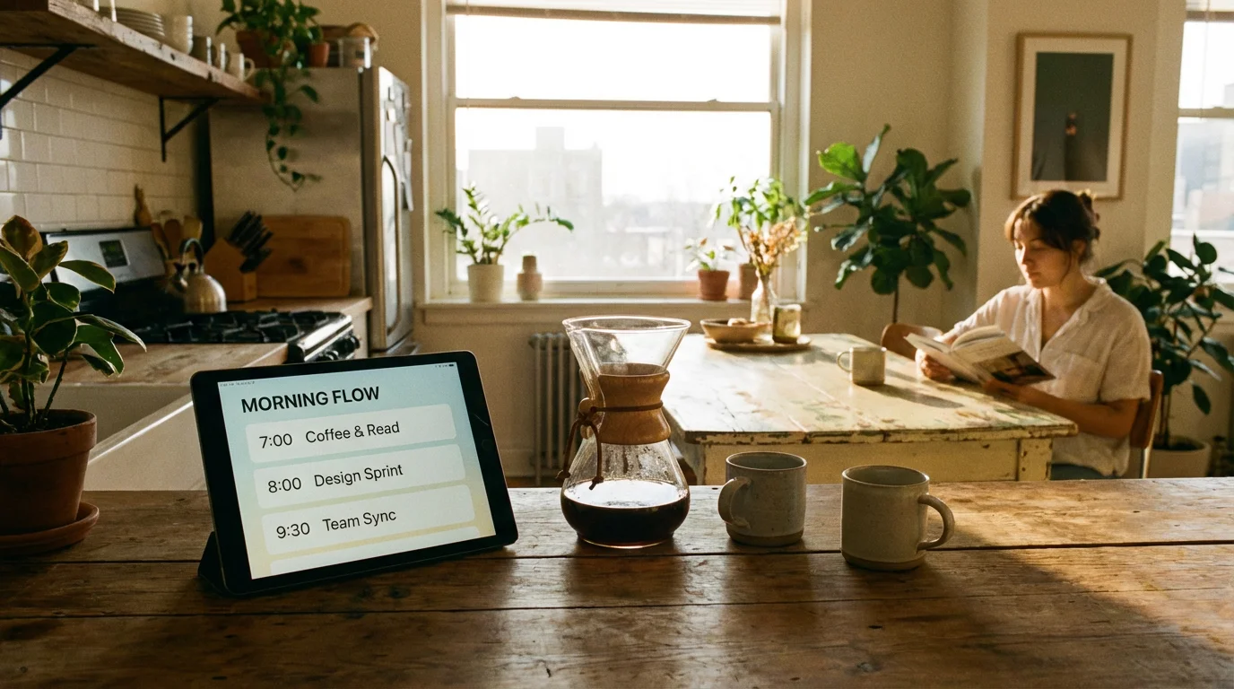 A digital tablet showing a morning routine next to a steaming pot of coffee.