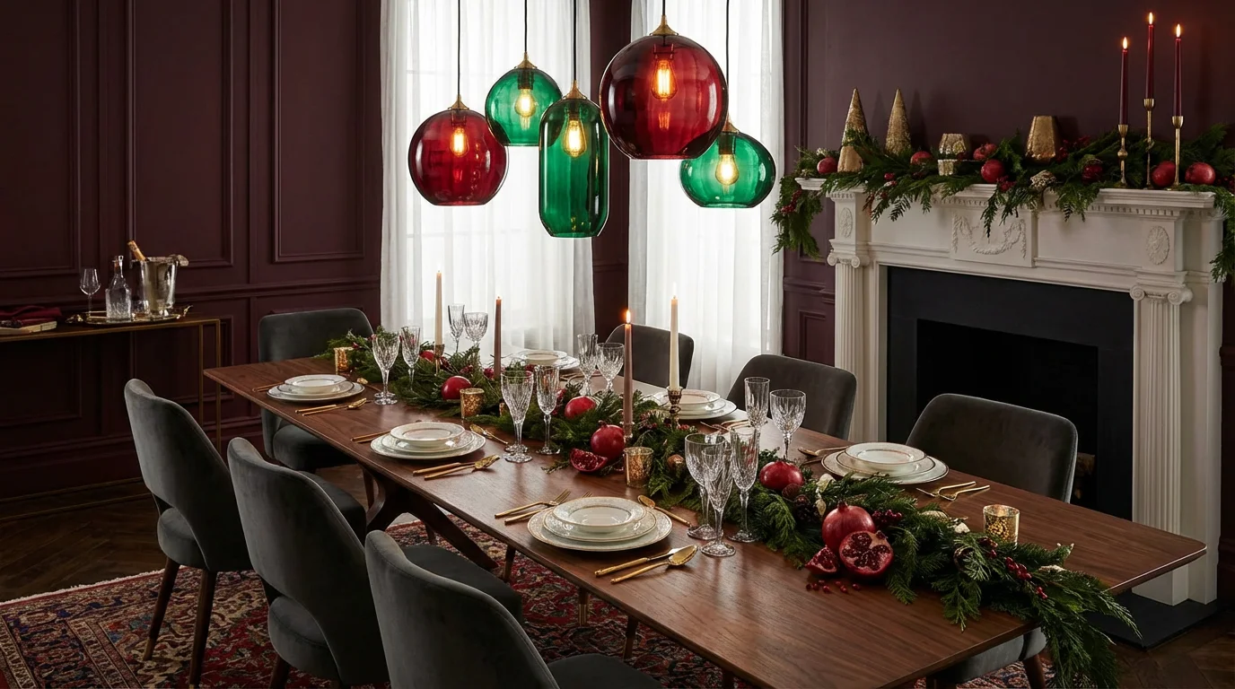 A dining room with smart light bulbs in pendant fixtures set to festive red and green colors.