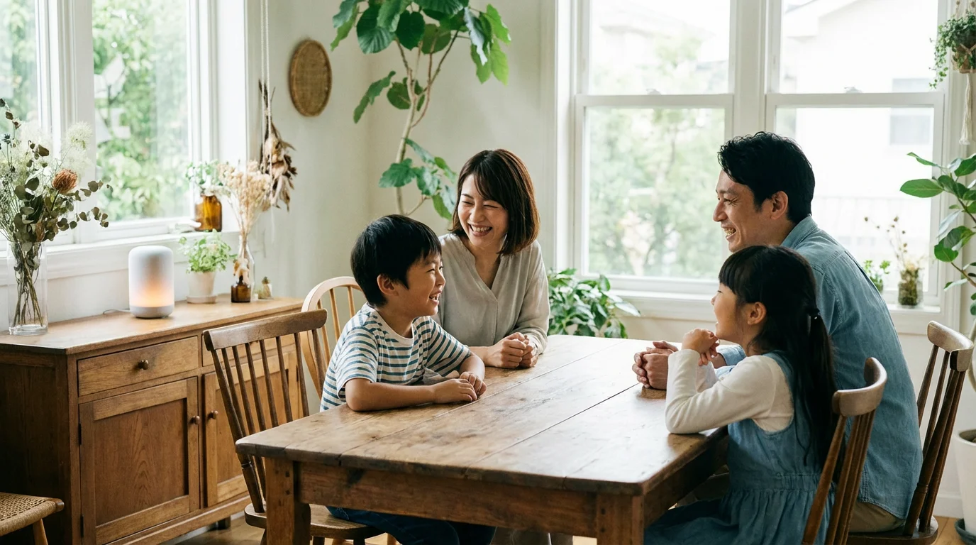 A family gathered at a dining table looking towards a smart speaker for an announcement.