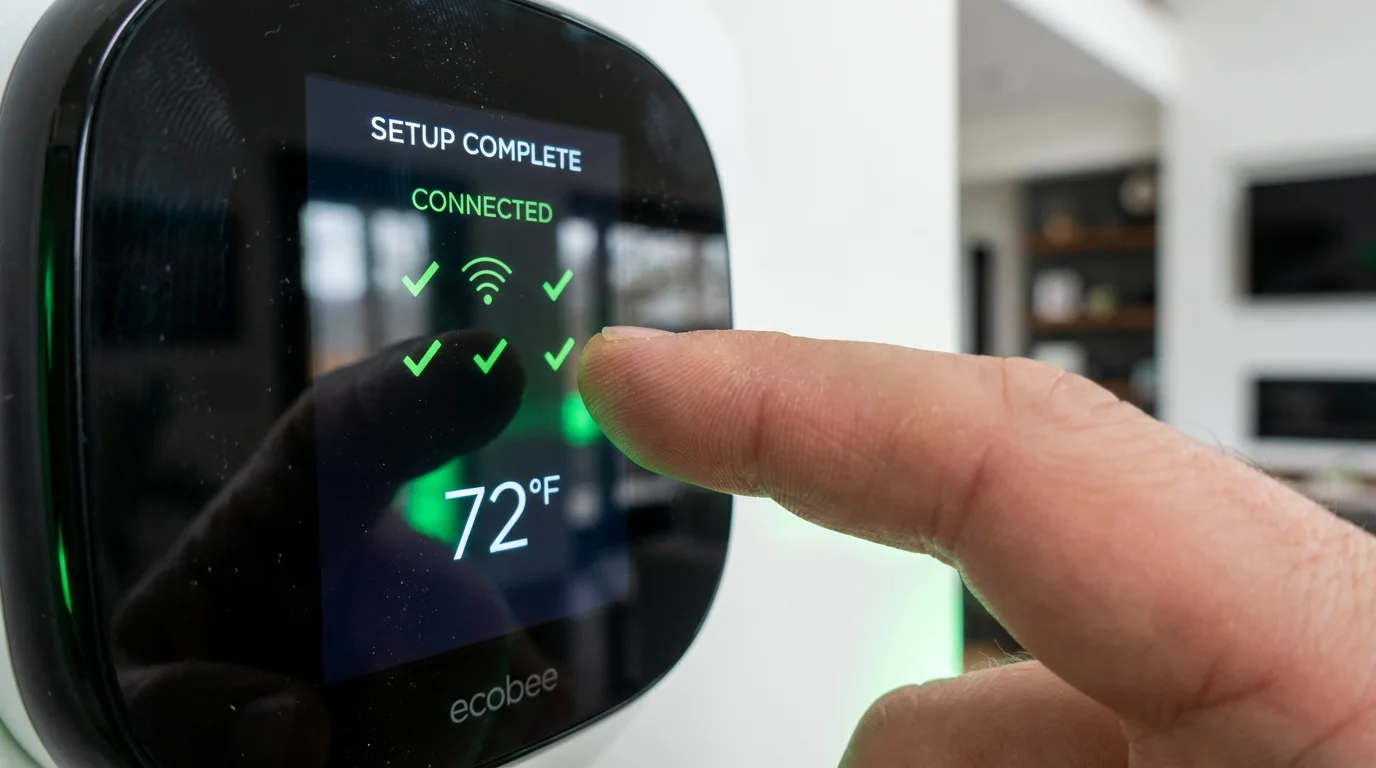 A finger interacting with the touch screen of a smart thermostat setup menu.