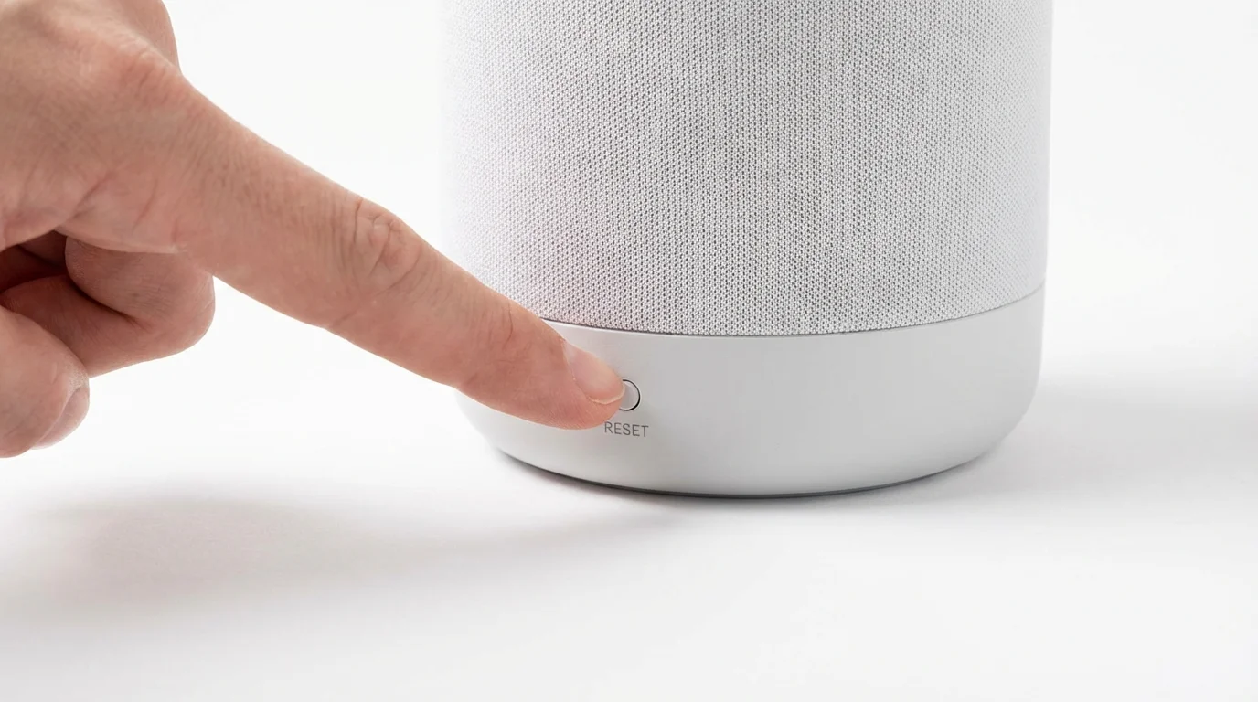 A finger pressing the reset button on the bottom of a smart home device.