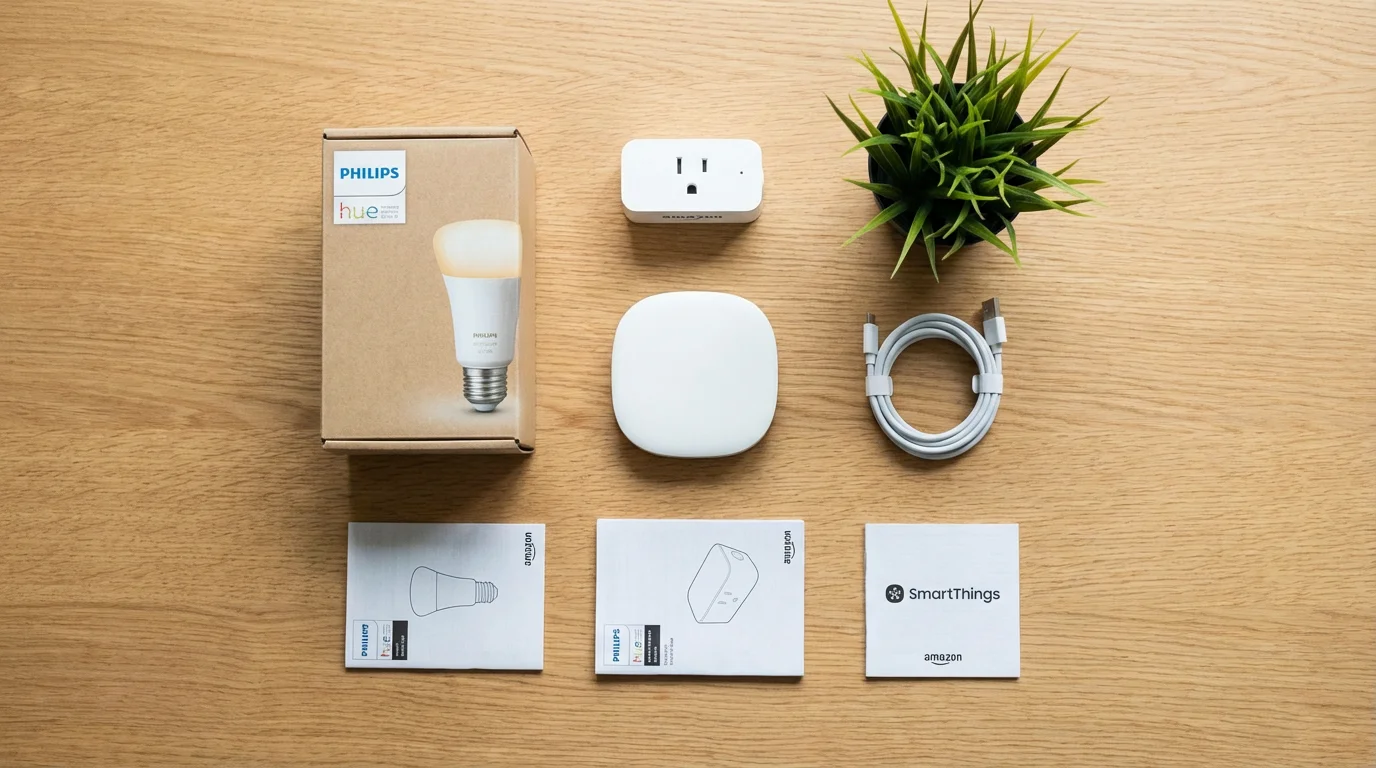 A flat lay of essential smart home devices: bulb, plug, and hub.