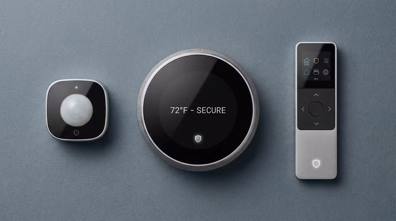 A flat-lay of various smart home devices from a single, unified ecosystem.