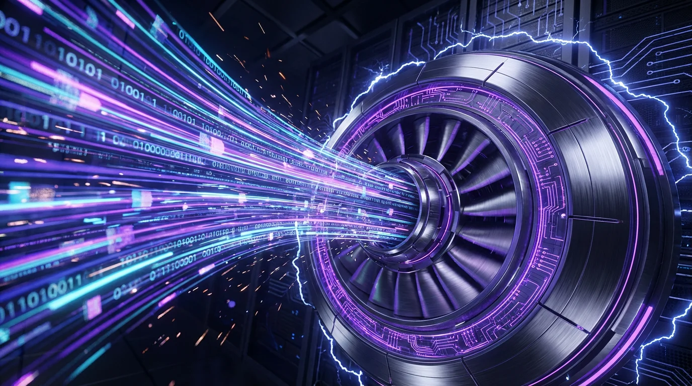 A futuristic 3D visualization of data streams and webhooks entering a central smart hub.