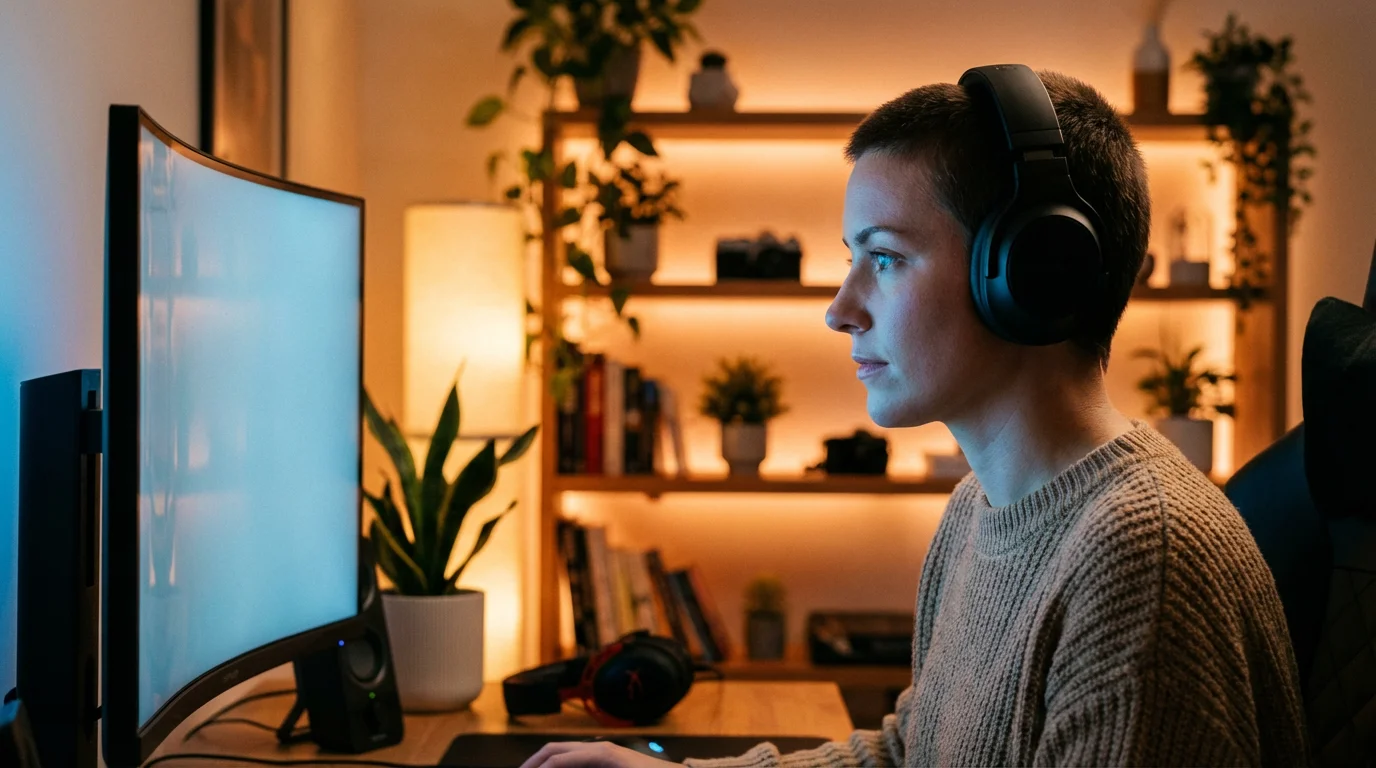A gamer sitting comfortably in a room with soft ambient lighting that reduces eye strain.