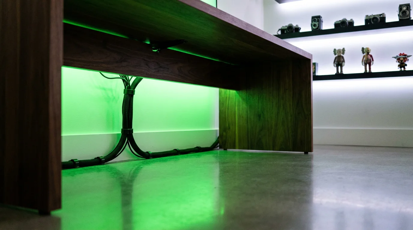 A gaming desk with hidden LED strips underneath creating a neon green under-glow effect.