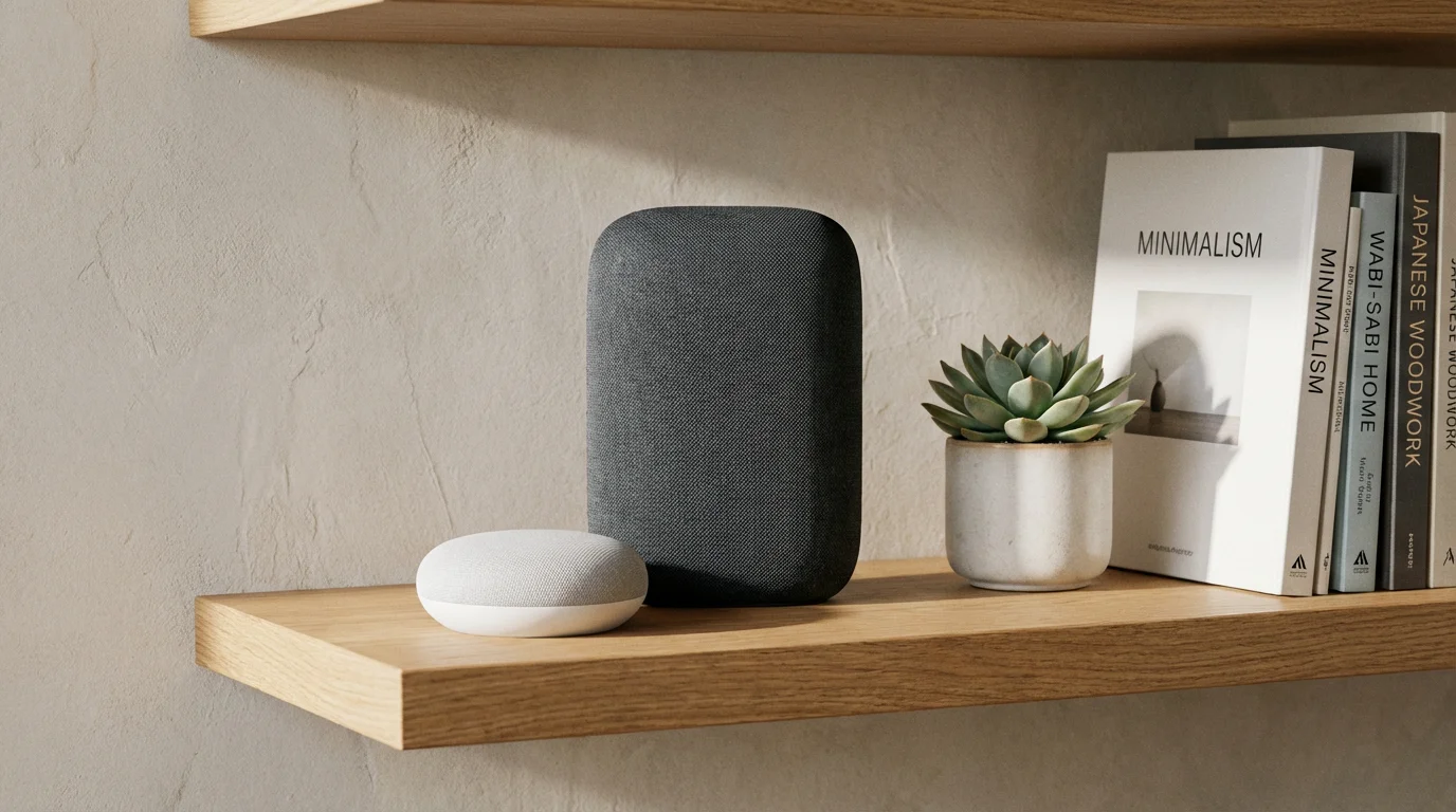 A Google Nest Audio and Nest Mini speaker arranged stylishly on a wooden shelf with home decor.