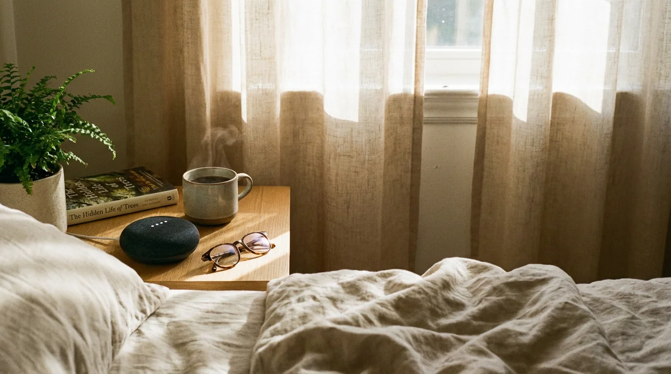 A Google Nest Mini on a nightstand next to a cup of coffee in the soft morning light.