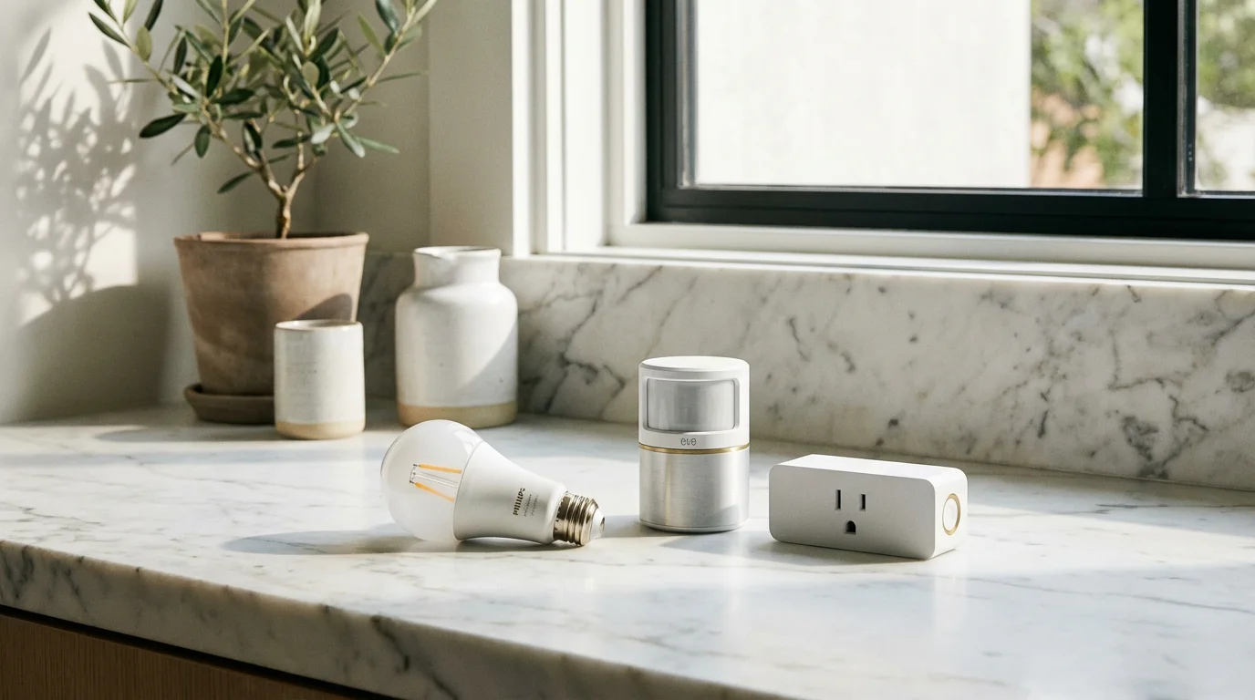 A group of different smart home devices arranged neatly on a marble surface.