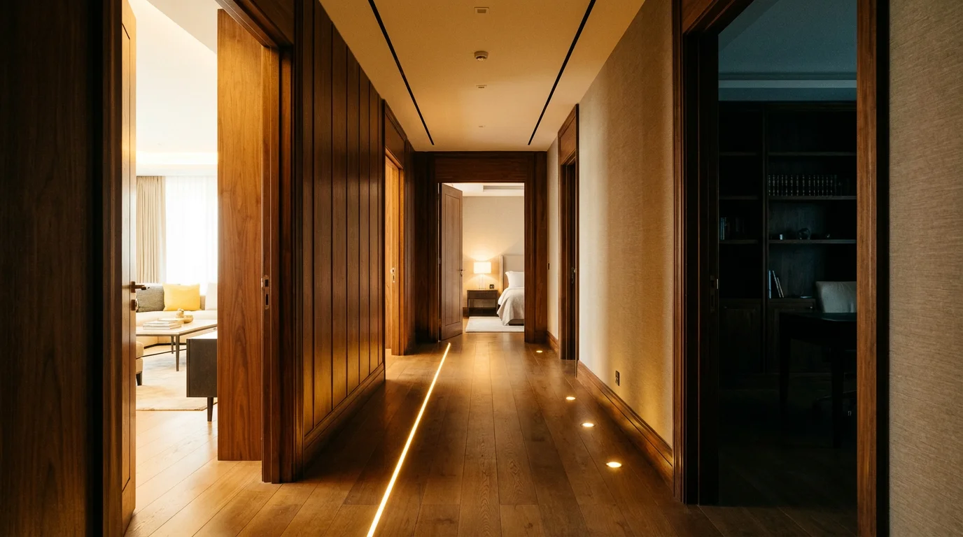 A hallway with light spilling from various rooms, creating a sense of movement within the house.