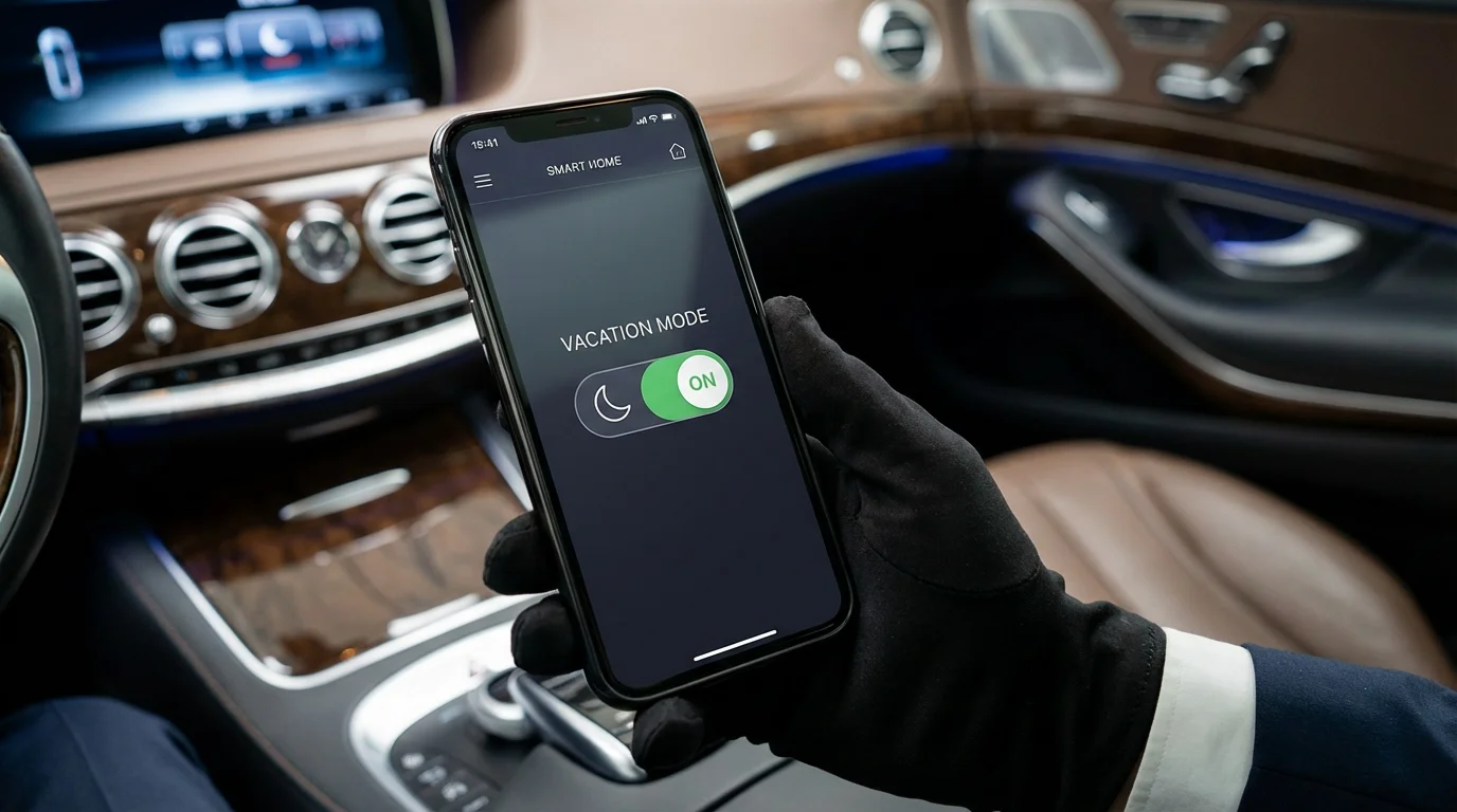 A hand activating Vacation Mode on a smartphone app inside a car.