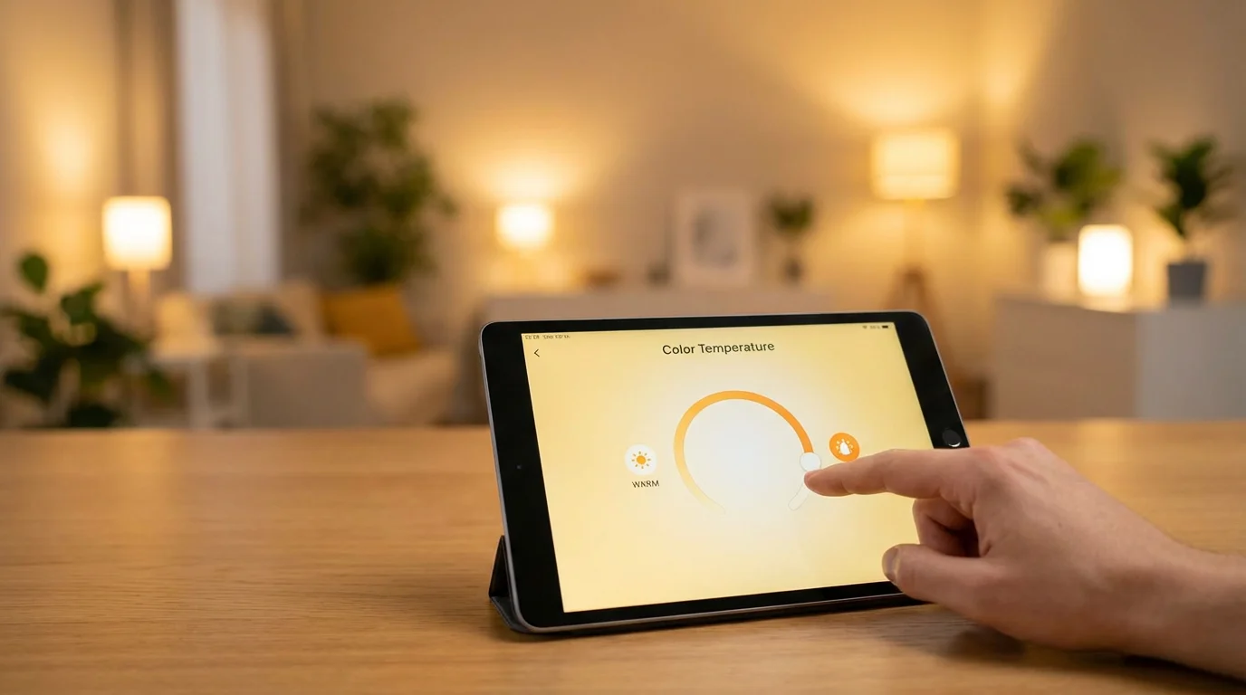 A hand adjusting light temperature on a tablet app with matching ambient room light.