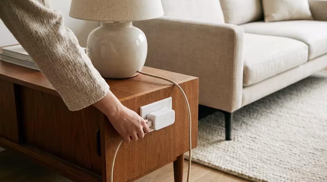 A hand connecting a lamp into a smart plug adapter in a cozy room.