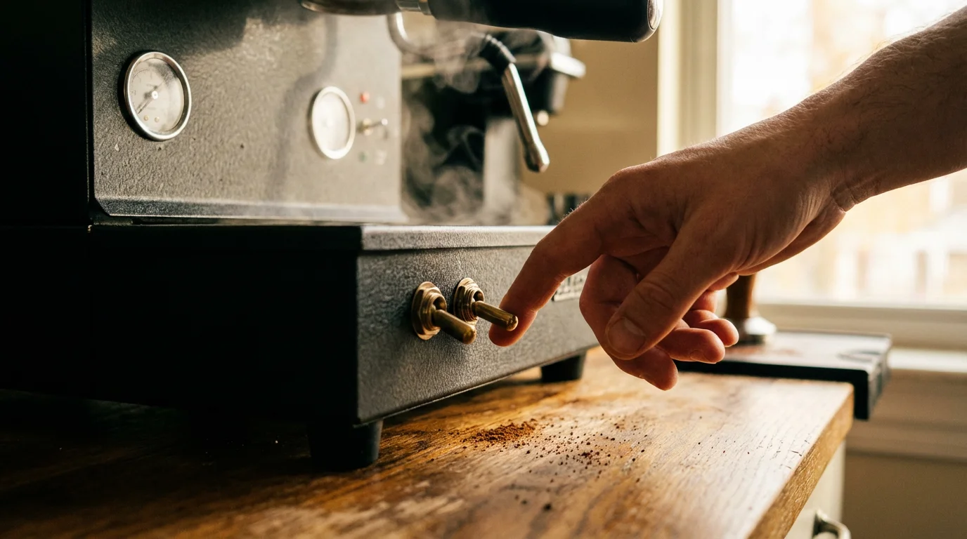 A hand flipping a mechanical toggle switch on a classic coffee machine.