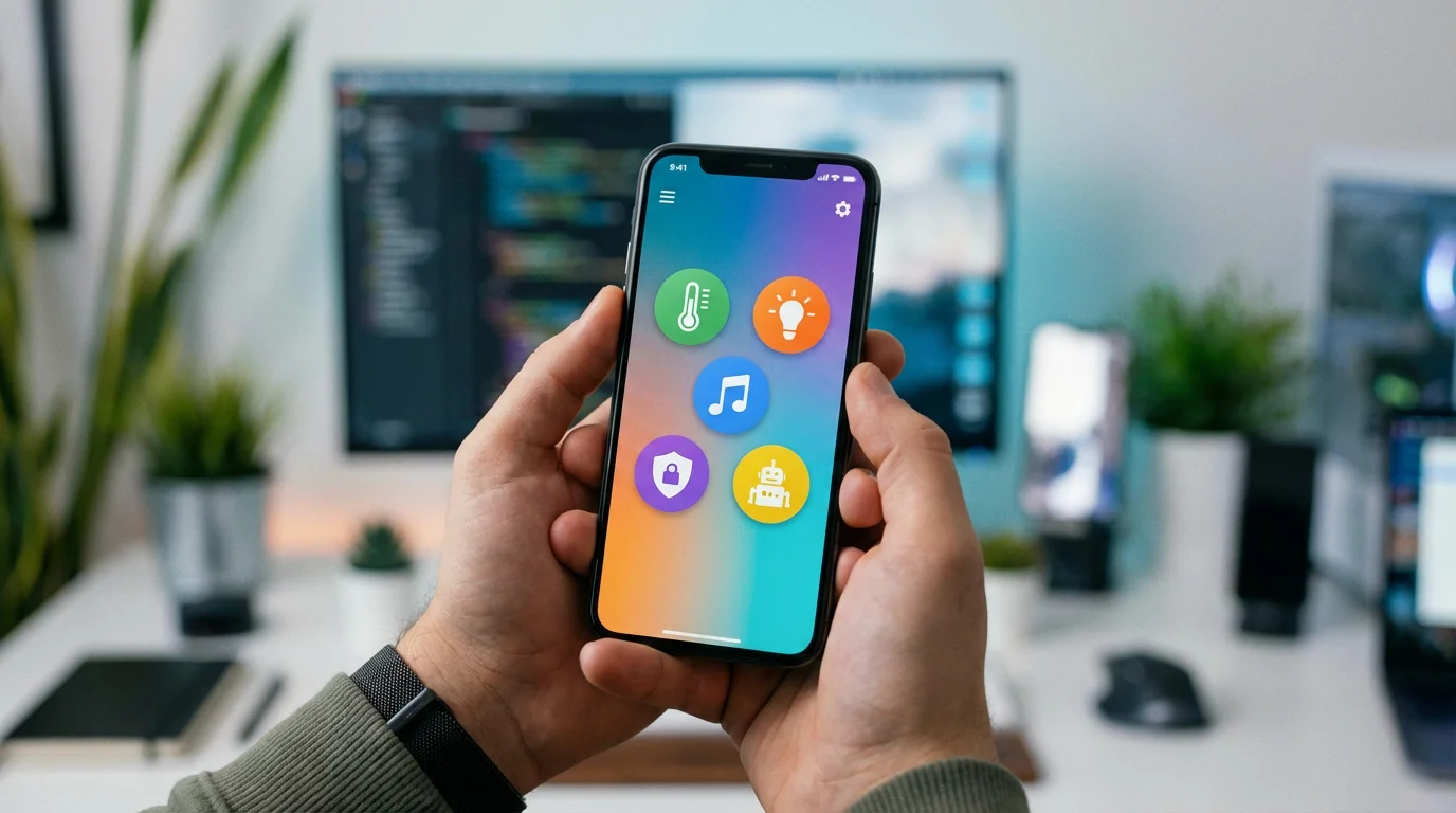 A hand holding a smartphone showing a modern authentication app interface.