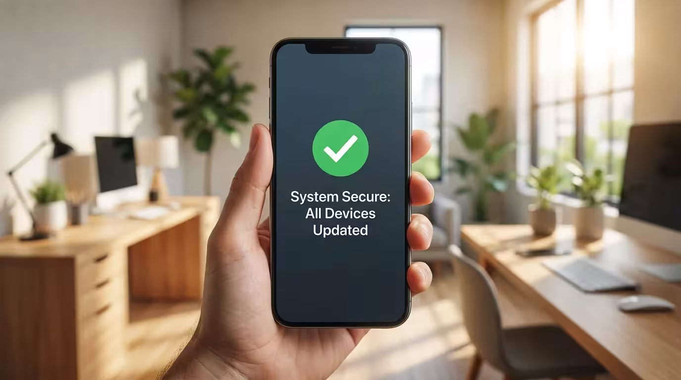 A hand holding a smartphone showing a successful security update notification.