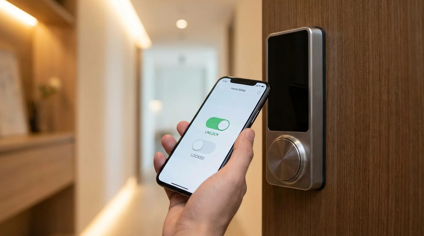A hand holding a smartphone to manage smart lock settings via a mobile app.
