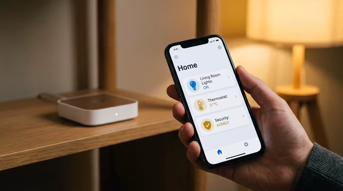 A hand holding a smartphone with a smart home control app in a dimly lit room.