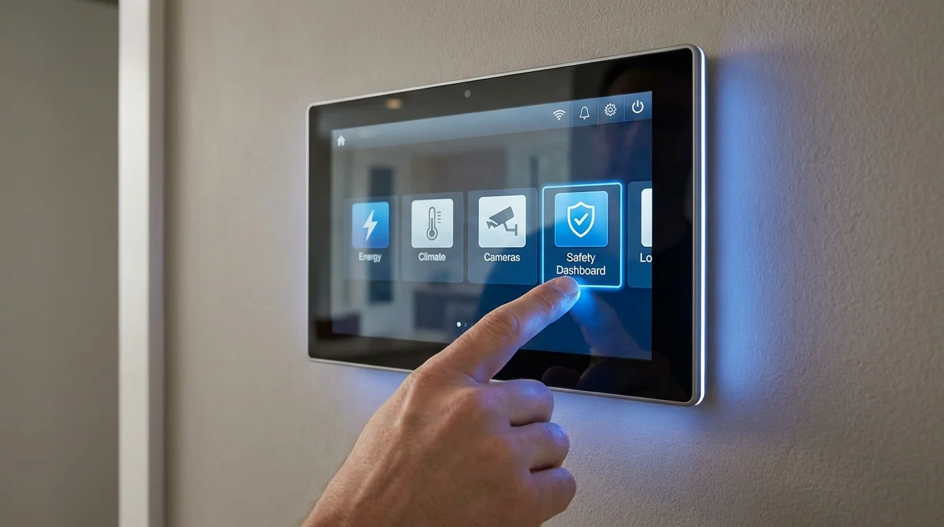 A hand interacting with a smart home control panel mounted on a wall.