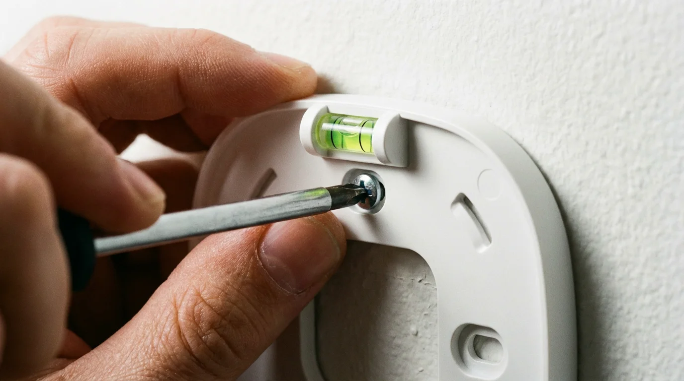 A hand leveling and screwing the thermostat base plate into the wall.
