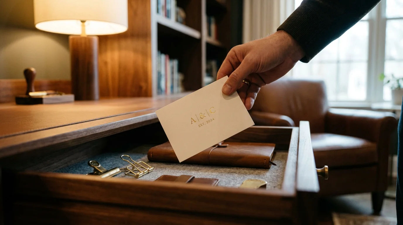 A hand placing a backup code card into a wooden desk drawer.