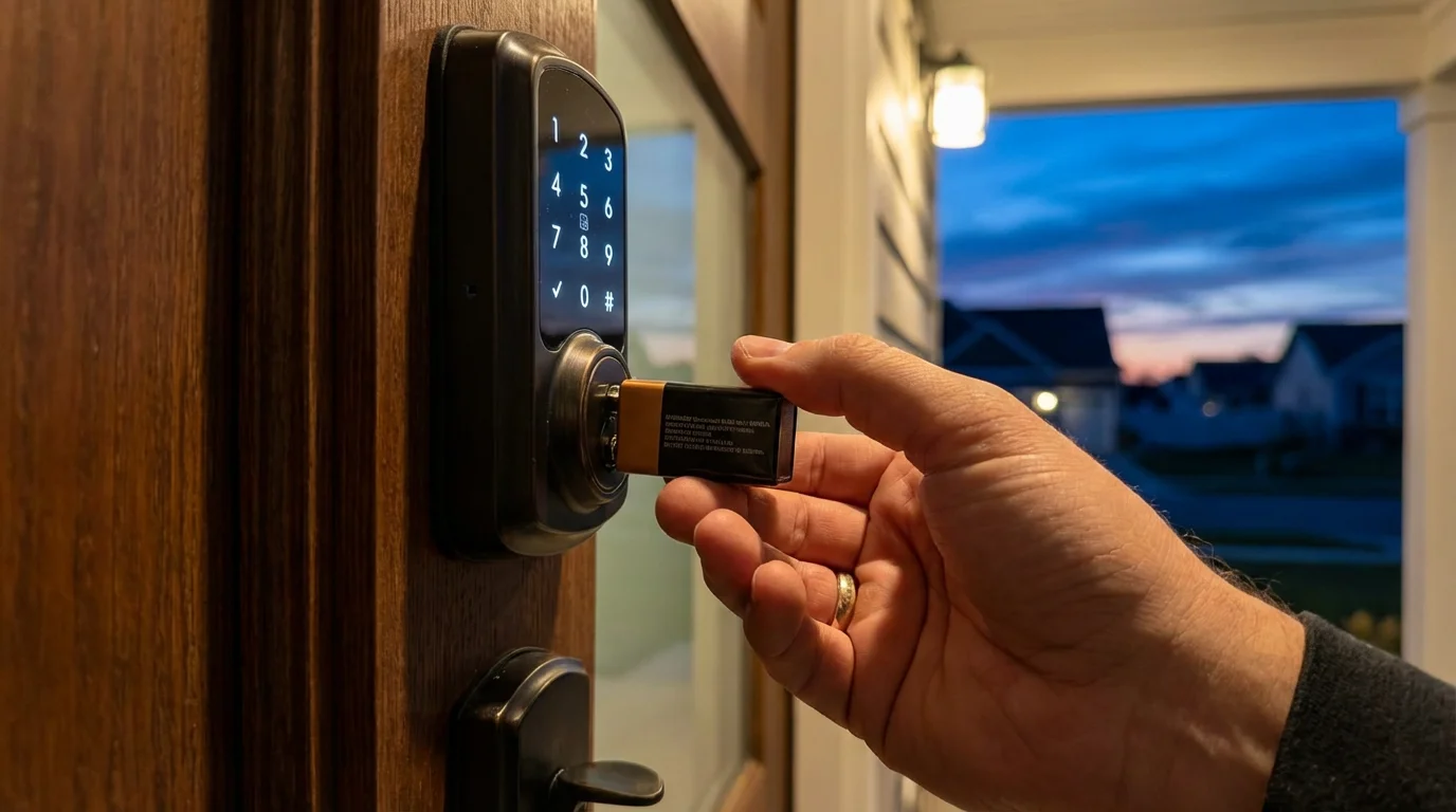 A hand using a 9V battery as a backup power source for a smart lock.