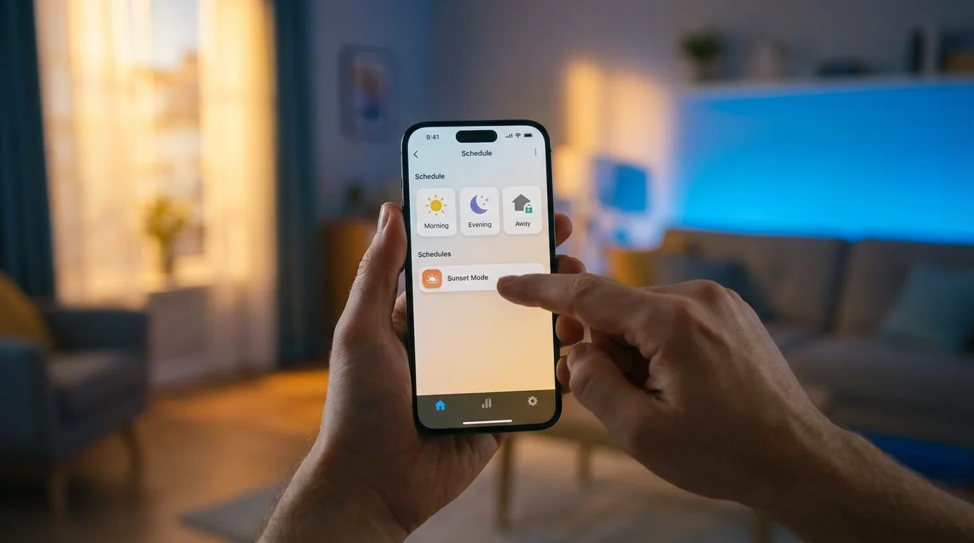 A hand using a smart home app to schedule lighting changes throughout the day.