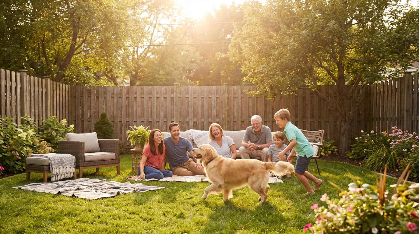 A happy family playing in a safe, sunny backyard.