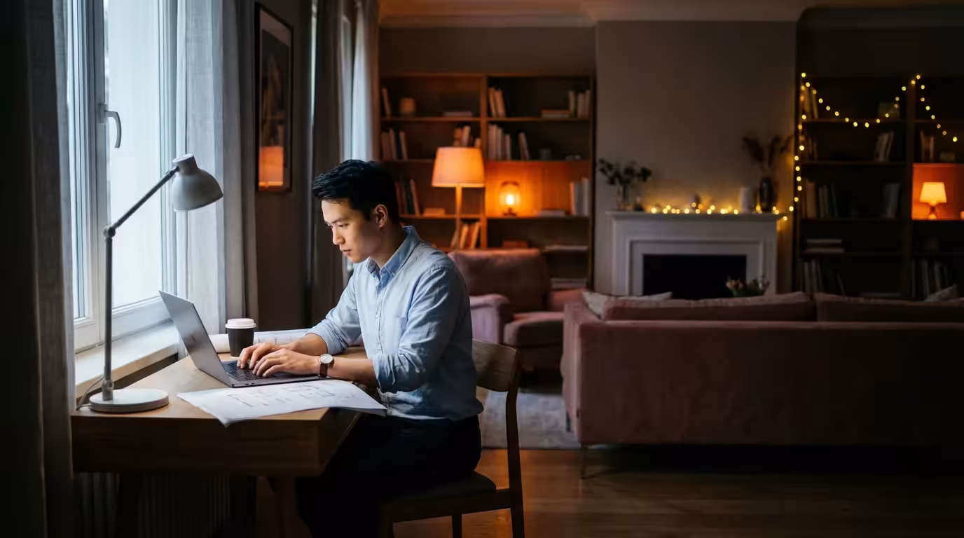 A home office setup in a small living room using light temperature to separate work and rest areas.