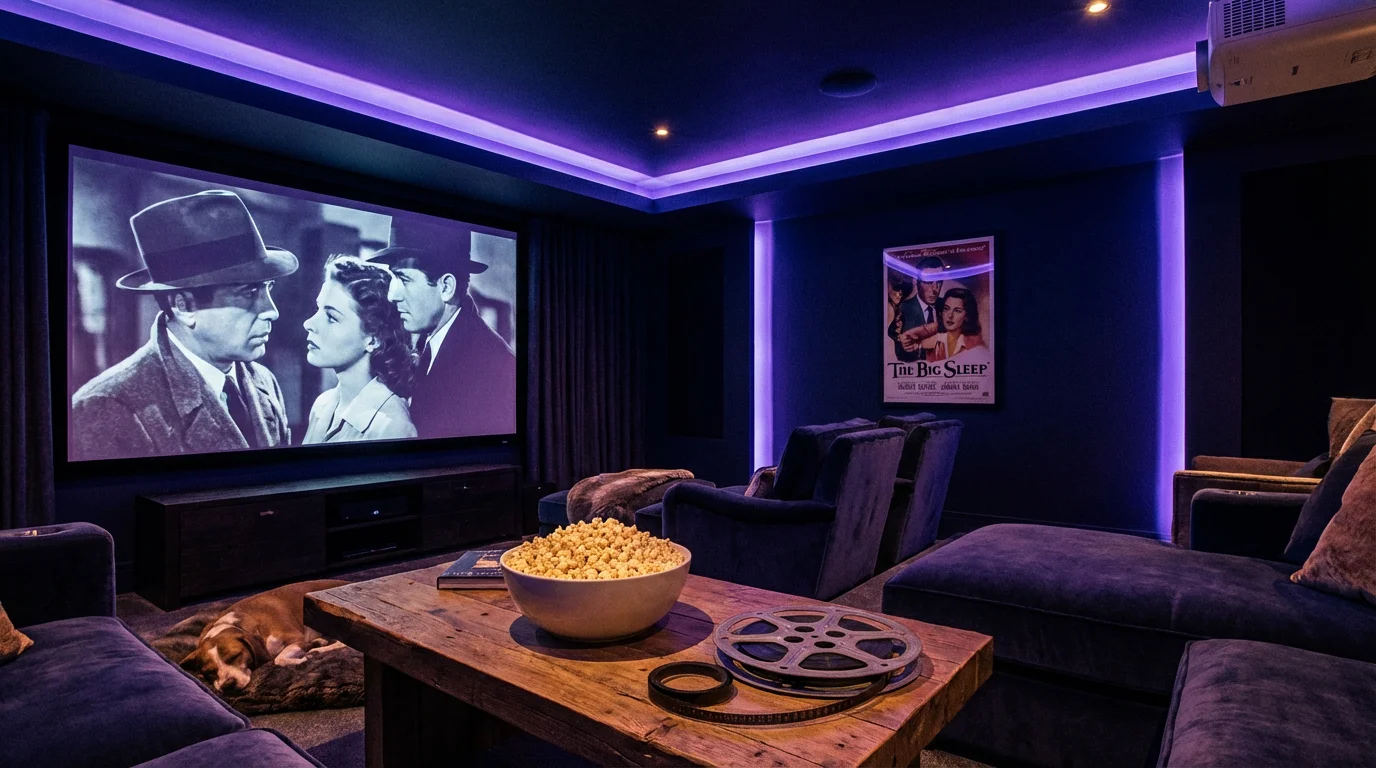 A home theater set up with moody purple and blue smart lighting for movie night.