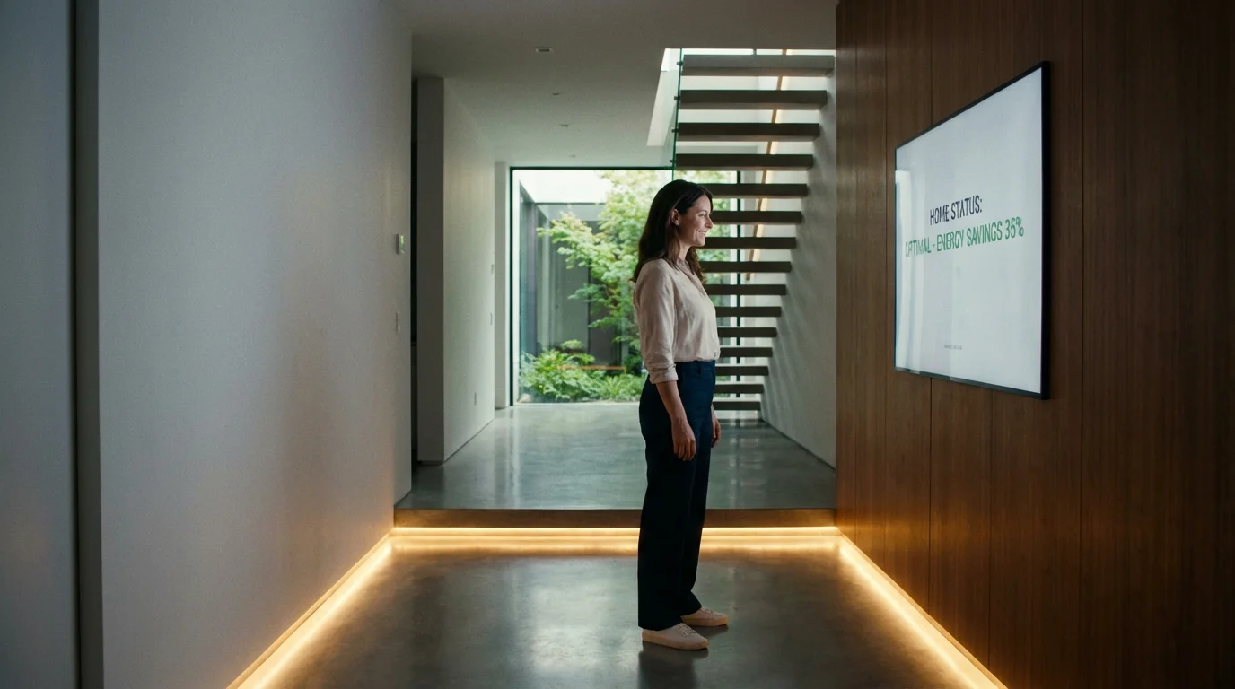 A homeowner looking satisfied while interacting with a wall-mounted smart home control panel in a modern hallway.