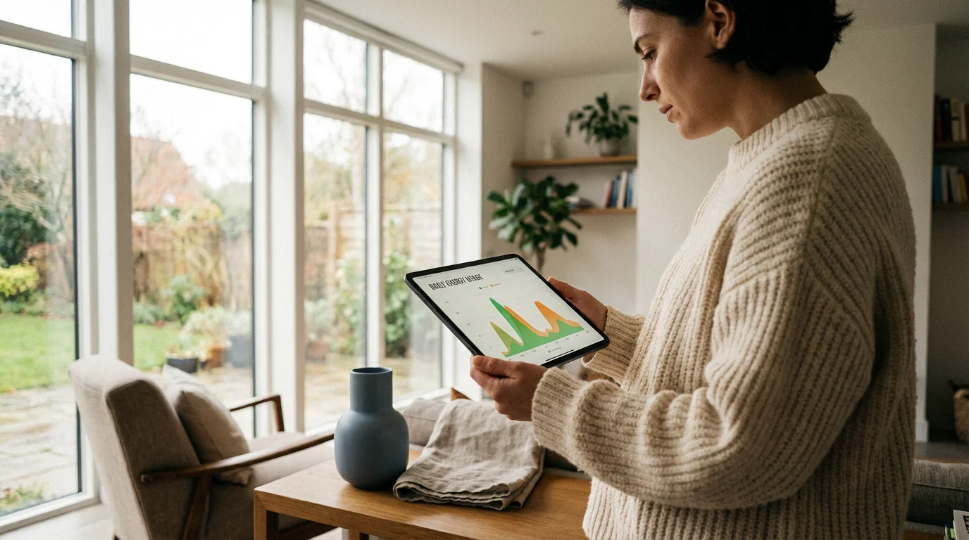 A homeowner reviewing energy usage data on a tablet near a window in a contemporary home.
