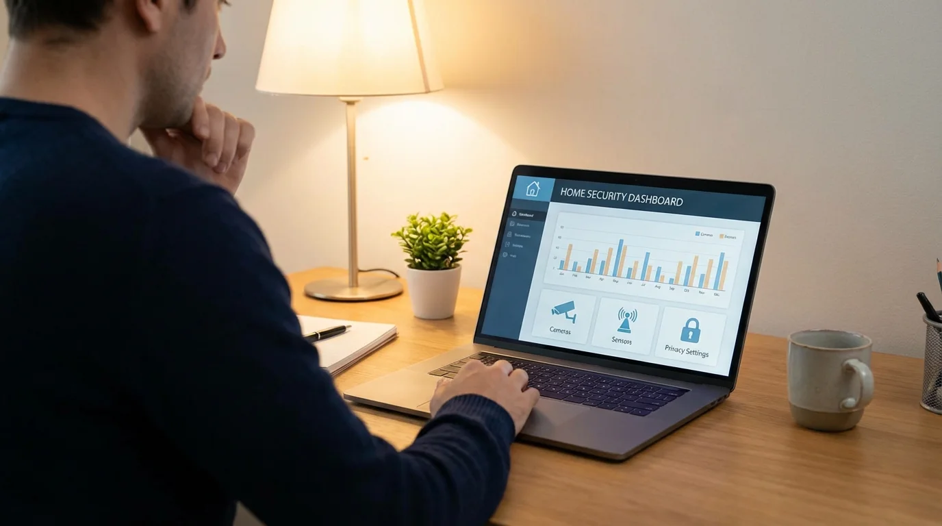 A homeowner reviewing smart home security and privacy settings on a laptop.