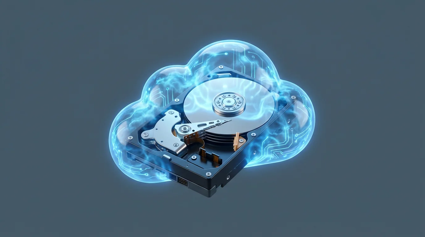 A hybrid 3D icon showing a physical hard drive inside a digital cloud, representing dual storage.