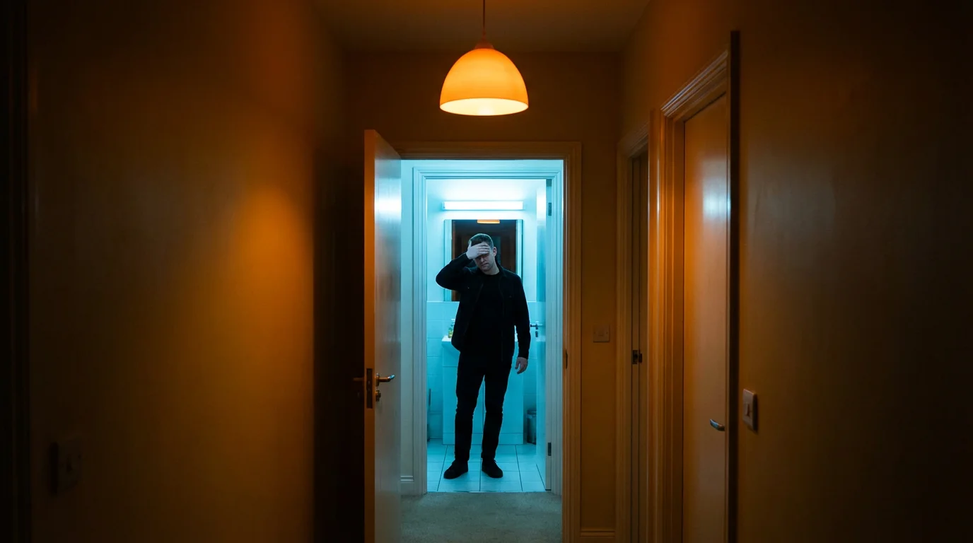 A jarring contrast between a warm hallway and a bright, cool blue bathroom light.