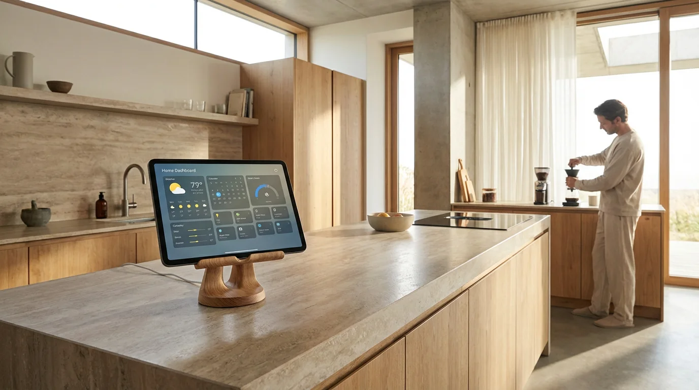 A kitchen counter featuring a smart home control tablet displaying a dashboard.