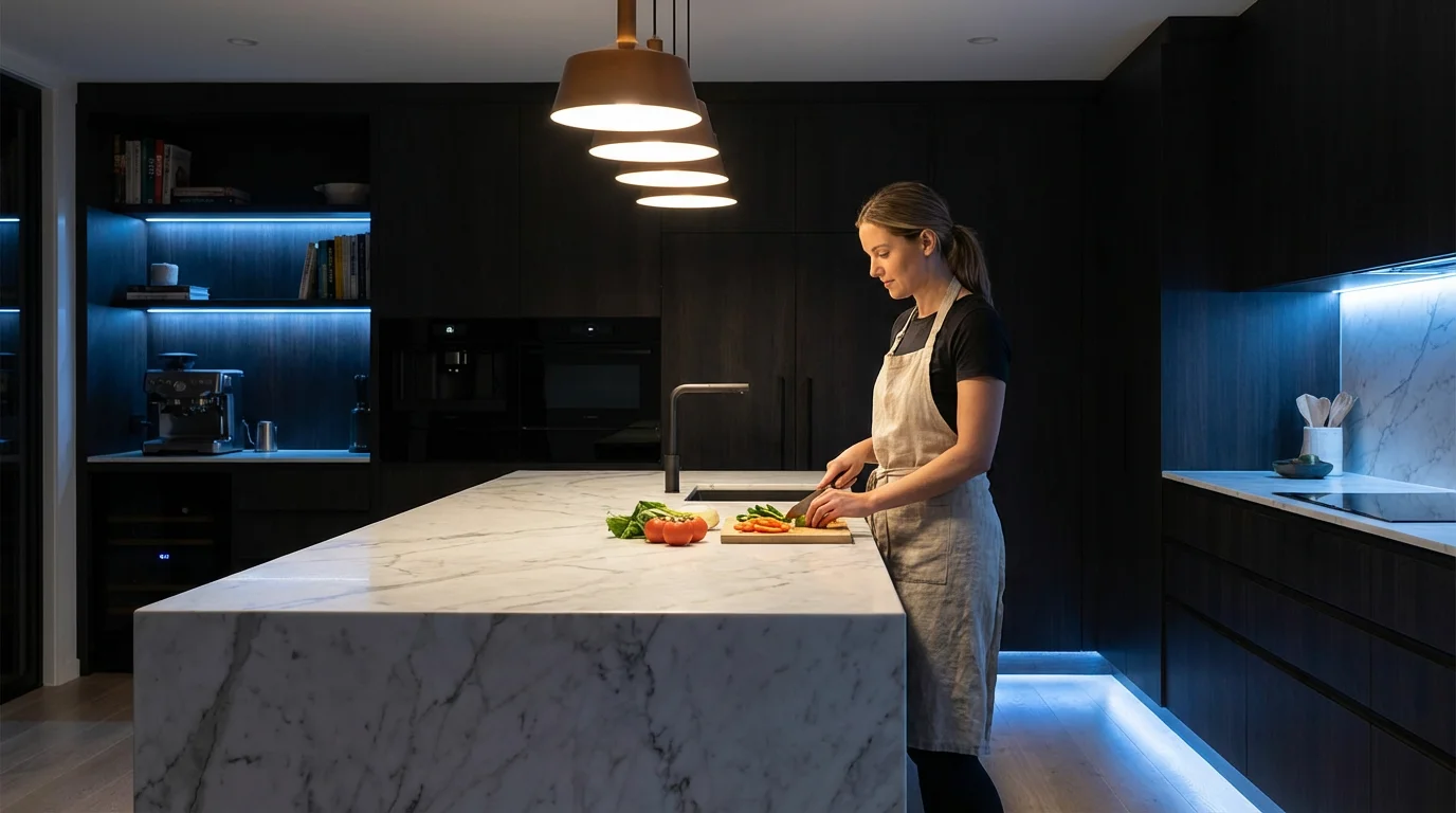 A kitchen island with bright task lighting while the rest of the room is softly dimmed.