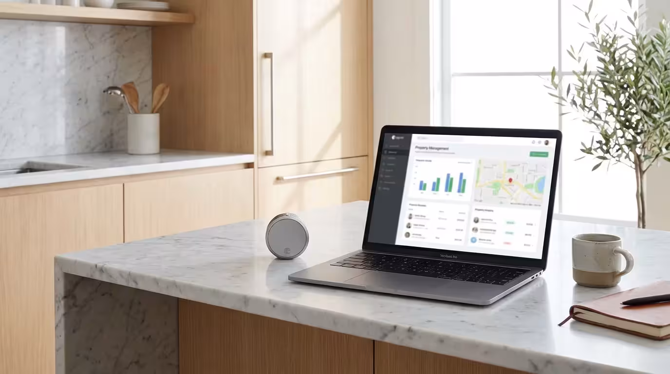 A laptop on a kitchen island representing the automation of rental booking platforms.