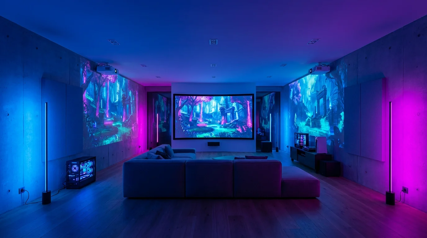 A large room where all lamps and ceiling lights are synced to the same blue and purple color scheme.