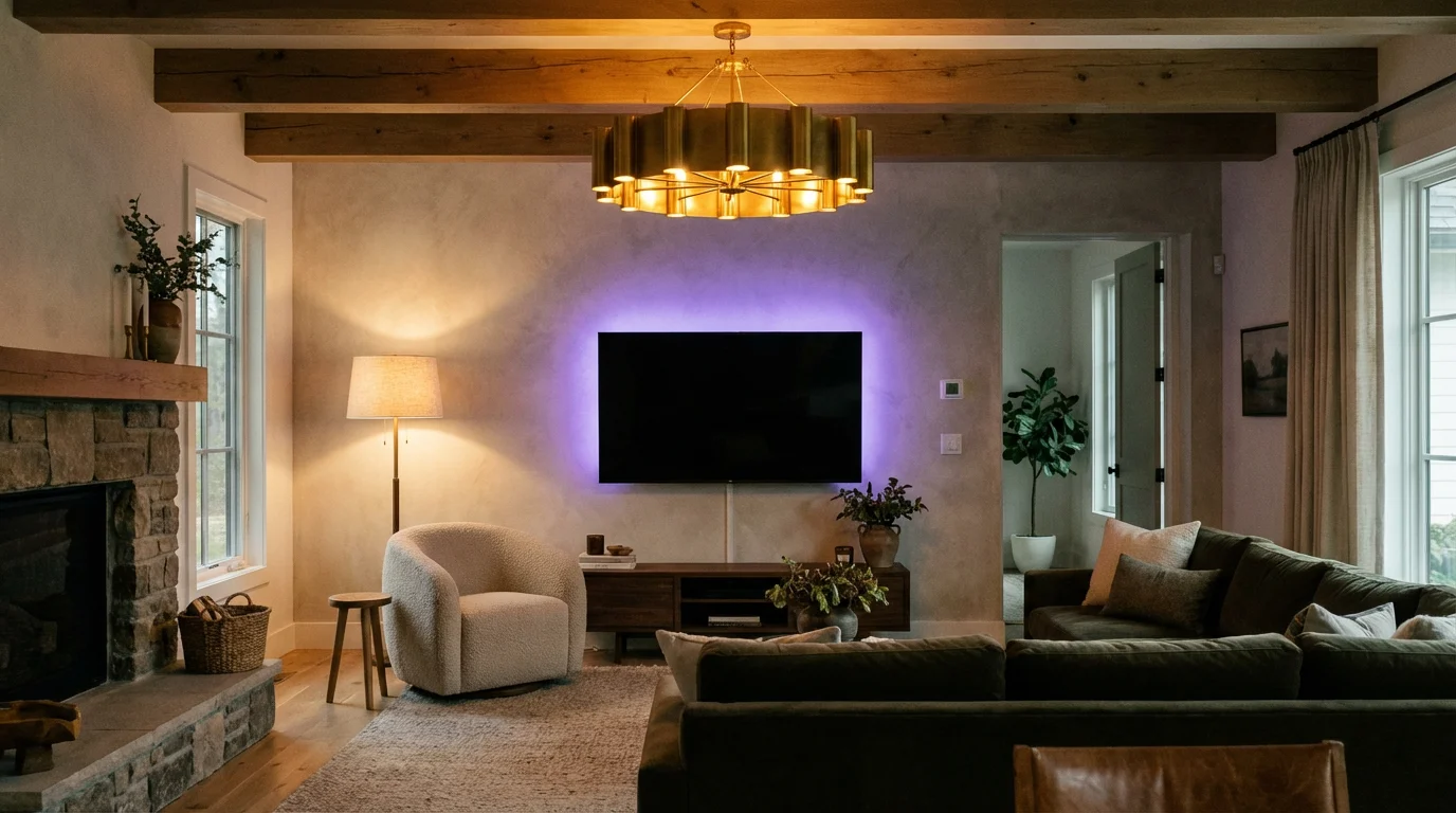 A living room showing layered lighting including a chandelier, floor lamp, and TV backlight.