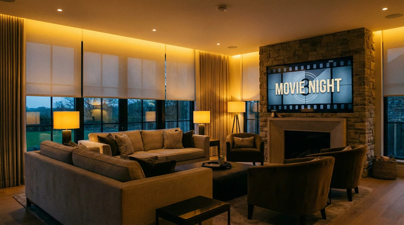 A living room transforming for movie night with automated lighting and shades.
