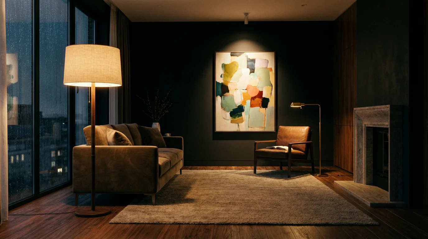 A living room with multiple layers of light creating depth and visual interest.