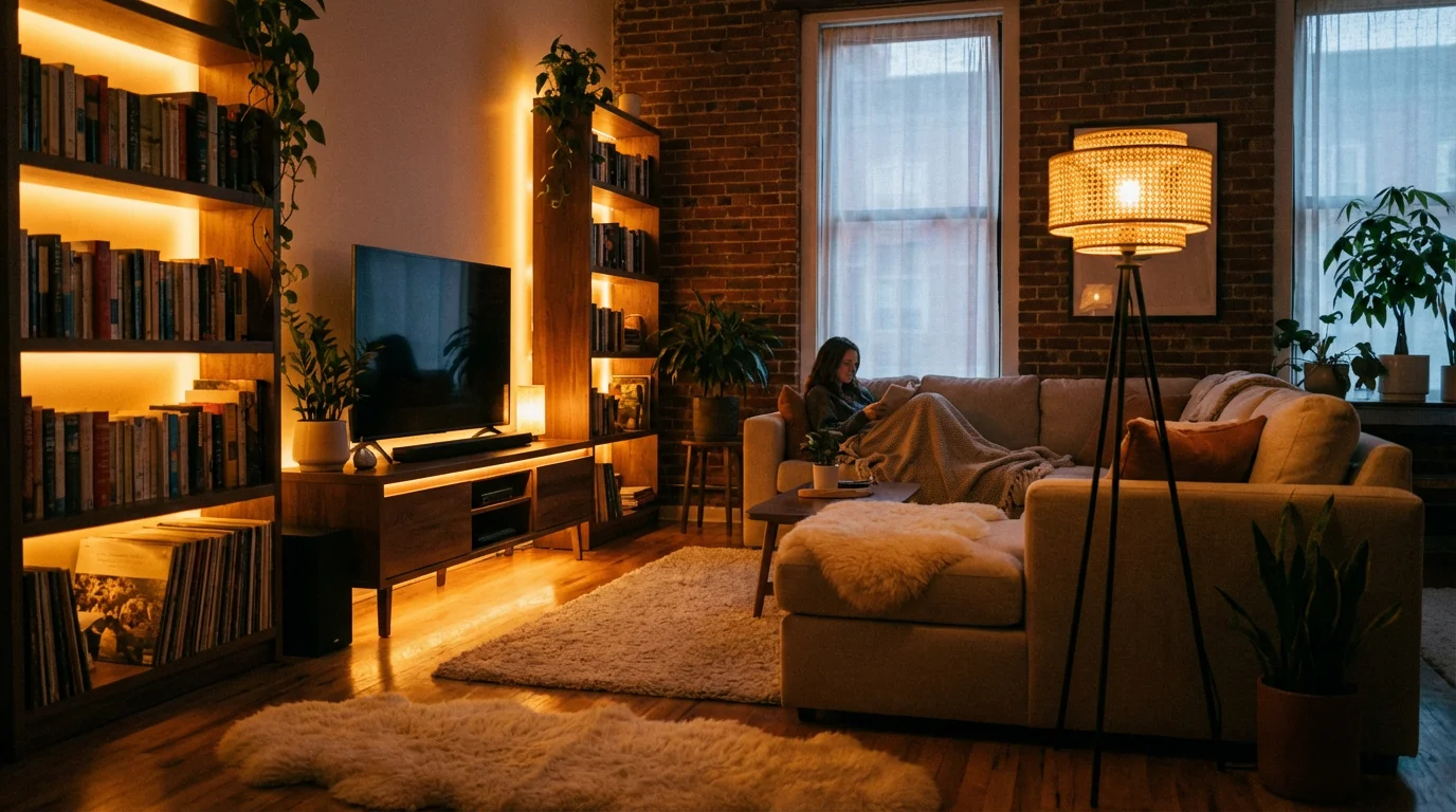 A living room with warm, layered smart lighting creating a cozy evening atmosphere.