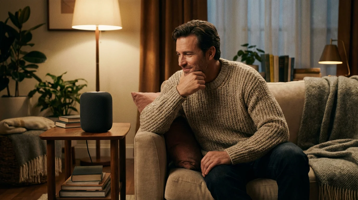 A man calmly interacting with a smart speaker in a warmly lit living room.