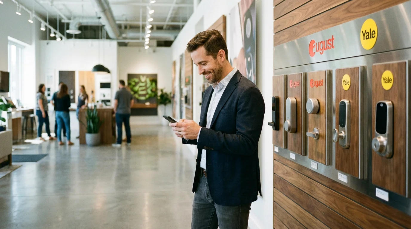 A man checking his phone while looking at smart home products in a modern store.