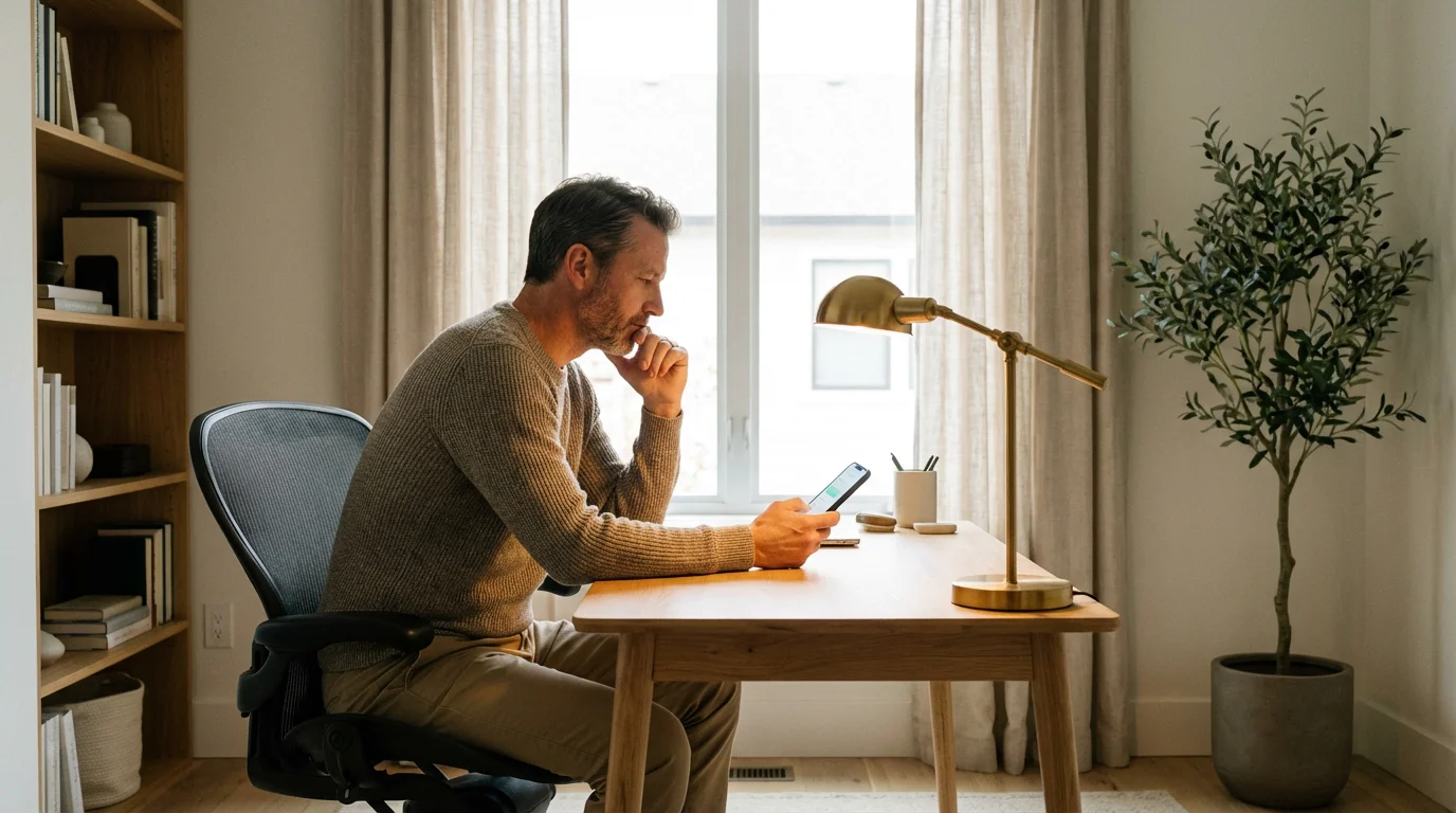 A man looking at his smartphone in a clean, modern home office with warm lighting.