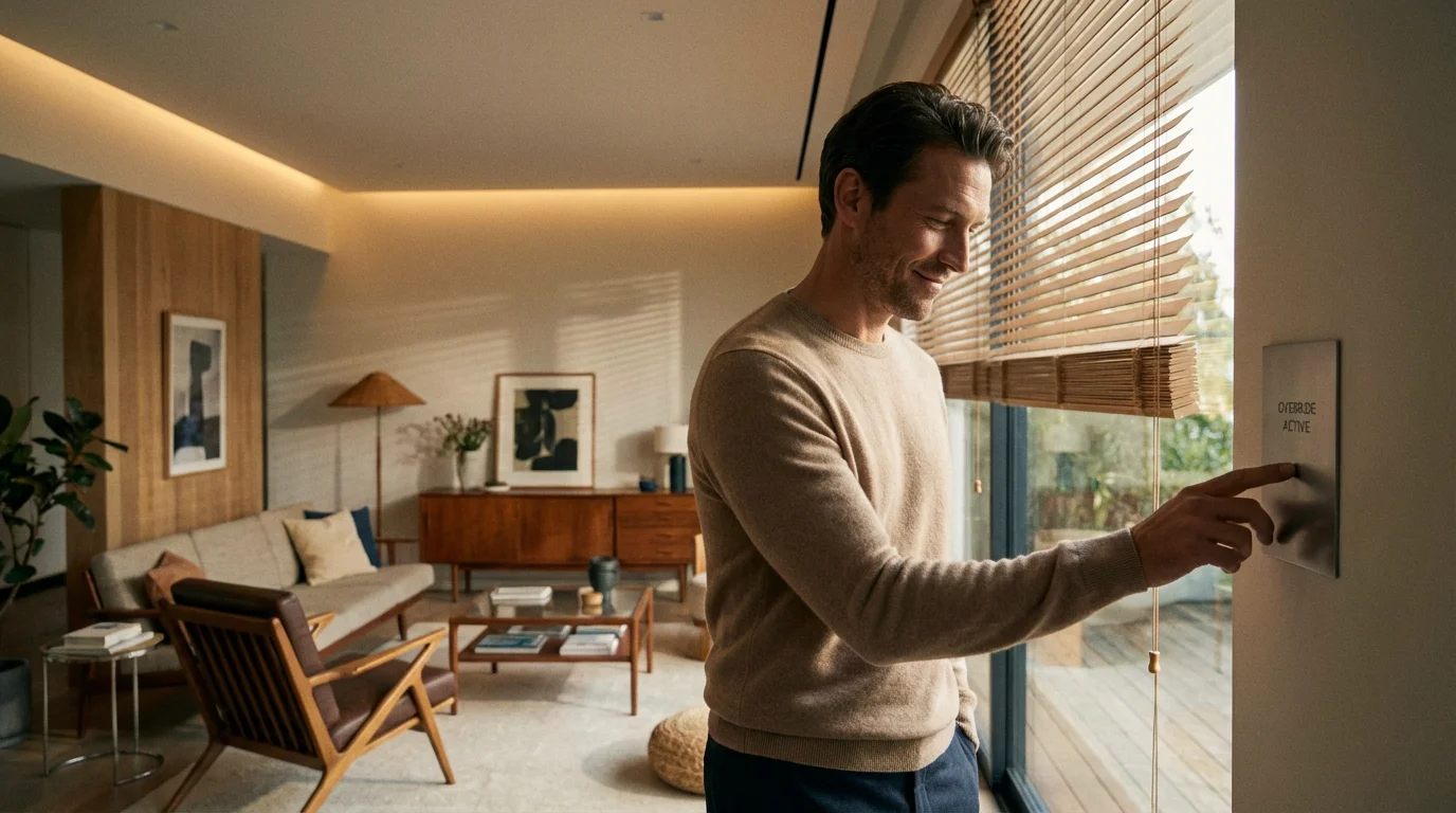 A man manually adjusting smart blinds using a wall controller to override an automation.