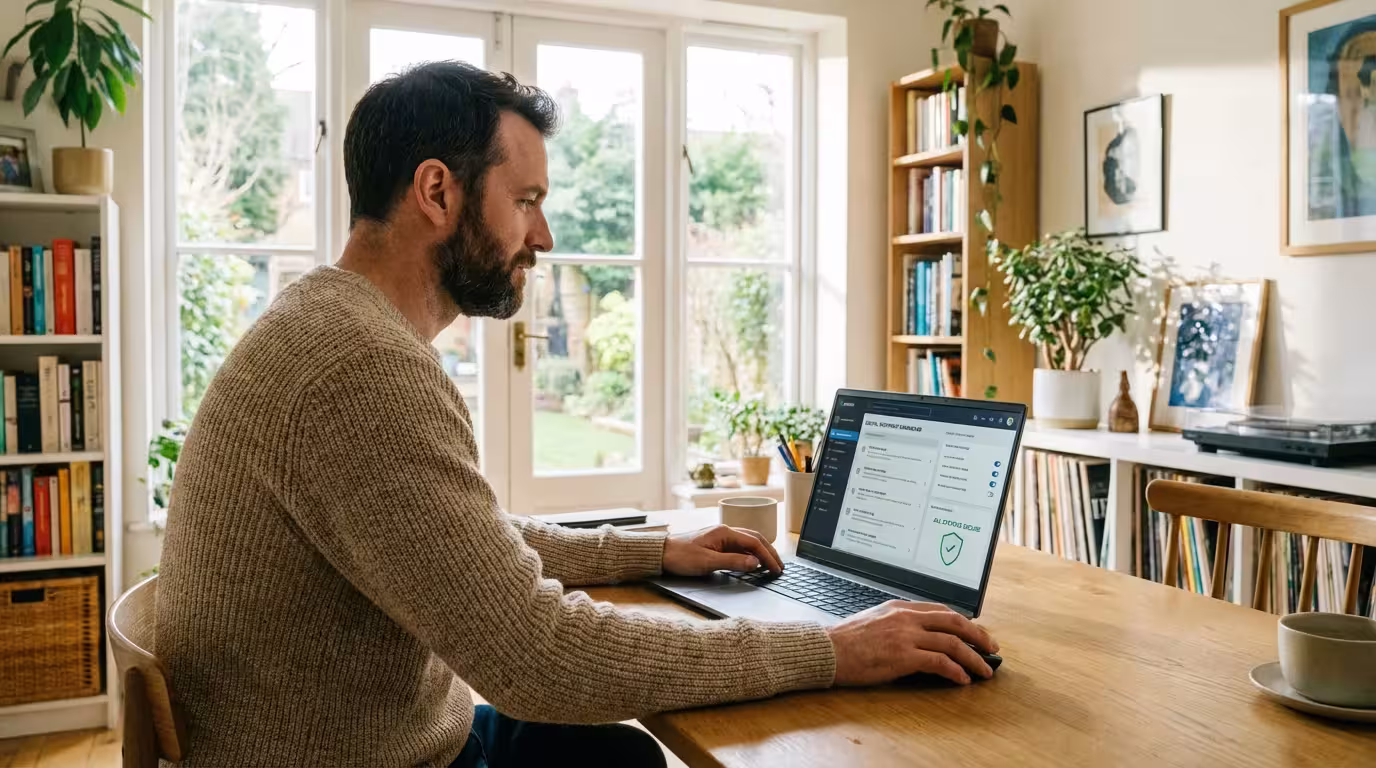 A man reviewing data privacy settings on a laptop in a bright home office.